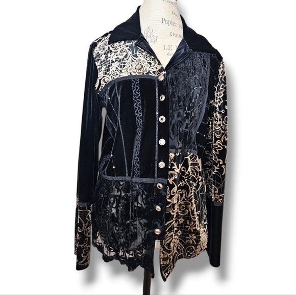 Harve Benard Black & Gold Velvet Sequince Embroidered Top - Size Large - Picture 2 of 13